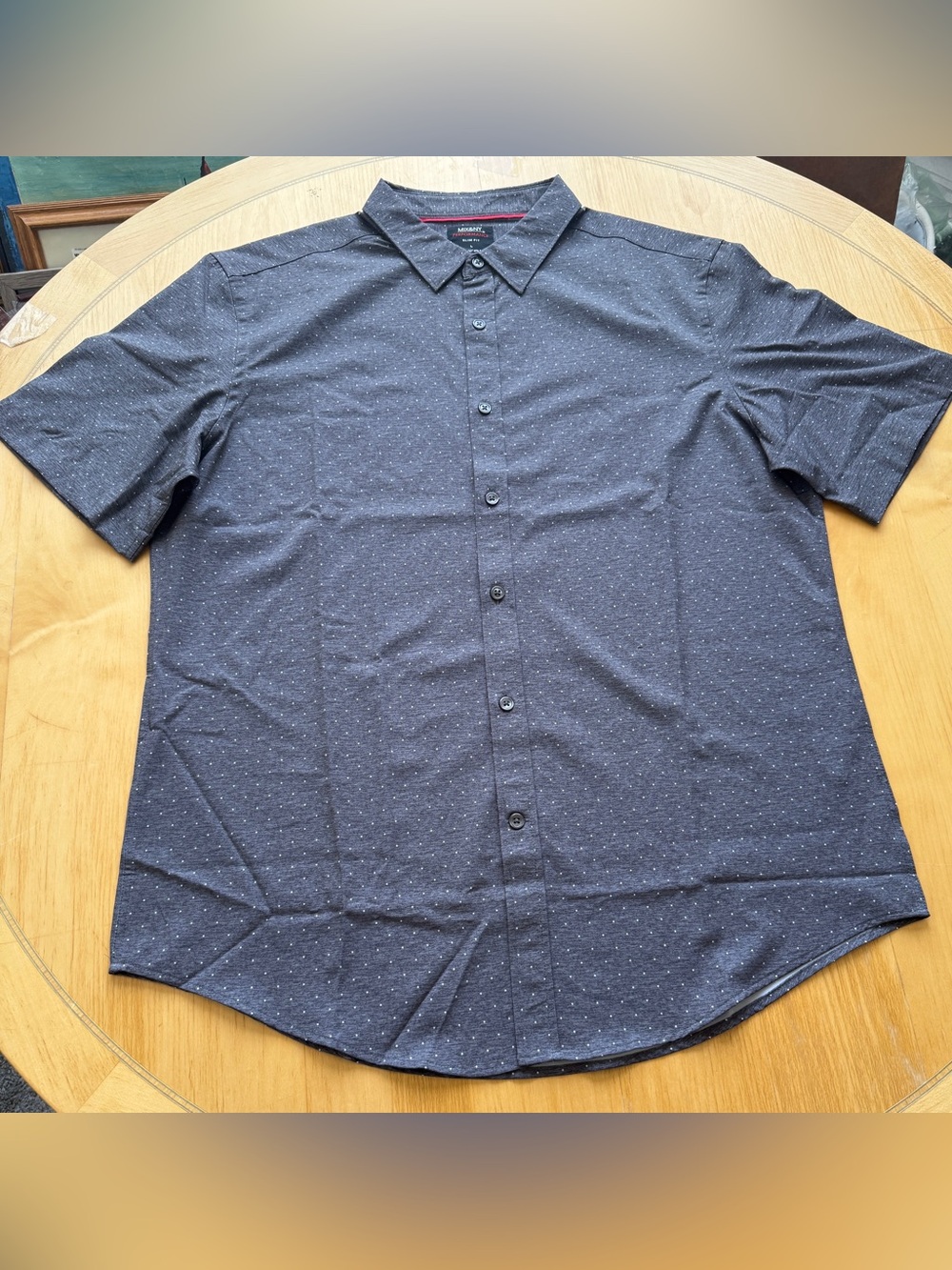 MIX&NY Performance Slim Fit Button Front Shirt Gray Polka Dot Large Stretch